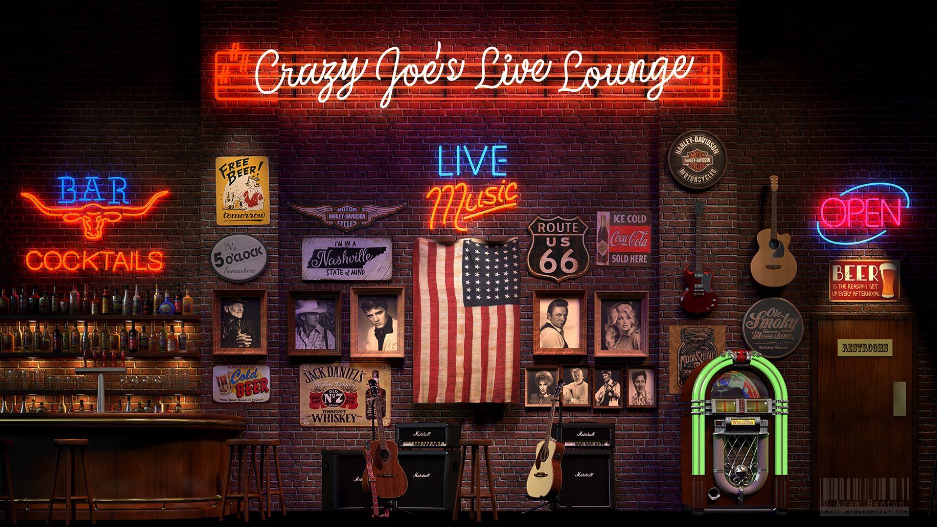 kromekat » Nashville music bar, stage backdrop illustrations